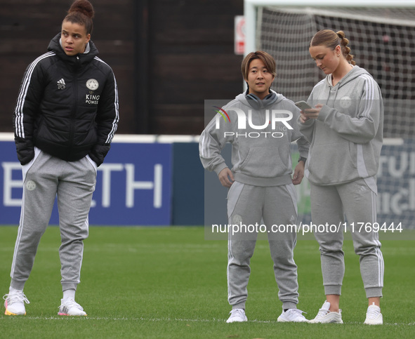 In Dagenham, England, on November 10, 2024, from left to right, Missy Goodwin, Yuka Momiki, and Emilia Pelgander of Leicester City Women par...