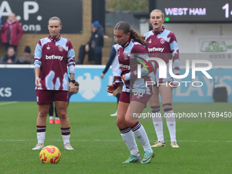 Soraya Walsh of West Ham United WFC participates in the pre-match warm-up during the Barclays FA Women's Super League soccer match between W...