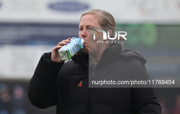 Rehanne Skinner manages West Ham United Women during the Barclays FA Women's Super League soccer match between West Ham United Women and Lei...