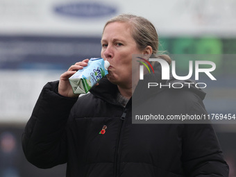 Rehanne Skinner manages West Ham United Women during the Barclays FA Women's Super League soccer match between West Ham United Women and Lei...