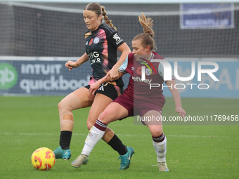 Ruby Mace of Leicester City Women and Oona Siren of West Ham United WFC are in action during the Barclays FA Women's Super League soccer mat...