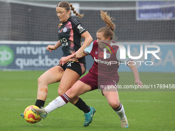 Ruby Mace of Leicester City Women and Oona Siren of West Ham United WFC are in action during the Barclays FA Women's Super League soccer mat...