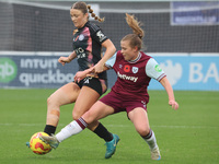 Ruby Mace of Leicester City Women and Oona Siren of West Ham United WFC are in action during the Barclays FA Women's Super League soccer mat...