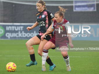 Ruby Mace of Leicester City Women and Oona Siren of West Ham United WFC are in action during the Barclays FA Women's Super League soccer mat...