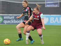 Ruby Mace of Leicester City Women and Oona Siren of West Ham United WFC are in action during the Barclays FA Women's Super League soccer mat...