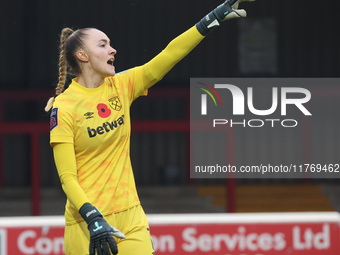 Kinga Szemik of West Ham United WFC plays during the Barclays FA Women's Super League soccer match between West Ham United Women and Leicest...