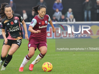 Missy Goodwin of Leicester City Women and Lime Mengwen, on loan from Brighton & Hove Albion, of West Ham United WFC play during the Barclays...