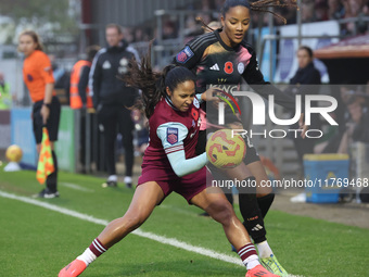 Manuela Pav of West Ham United WFC and Shana Chossenotte of Leicester City Women are in action during the Barclays FA Women's Super League s...