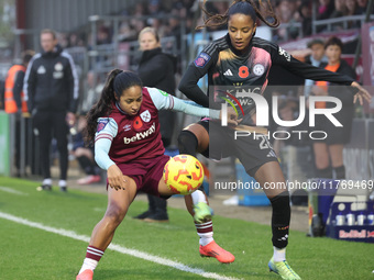 Manuela Pavi of West Ham United WFC and Shana Chossenotte of Leicester City Women are in action during the Barclays FA Women's Super League...