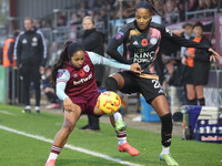 Manuela Pavi of West Ham United WFC and Shana Chossenotte of Leicester City Women are in action during the Barclays FA Women's Super League...