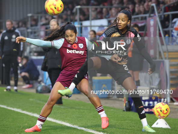 Manuela Pav of West Ham United WFC and Shana Chossenotte of Leicester City Women are in action during the Barclays FA Women's Super League s...