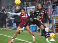 Manuela Pav of West Ham United WFC and Shana Chossenotte of Leicester City Women are in action during the Barclays FA Women's Super League s...