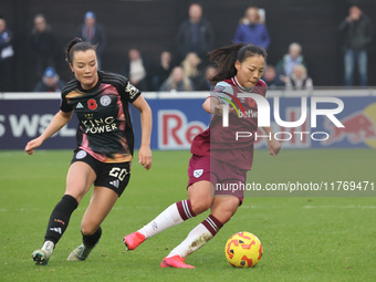 Missy Goodwin of Leicester City Women and Lime Mengwen, on loan from Brighton & Hove Albion, of West Ham United WFC play during the Barclays...