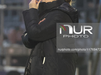 Rehanne Skinner manages West Ham United Women during the Barclays FA Women's Super League soccer match between West Ham United Women and Lei...