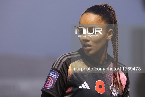 Shana Chossenotte of Leicester City Women plays during the Barclays FA Women's Super League soccer match between West Ham United Women and L...