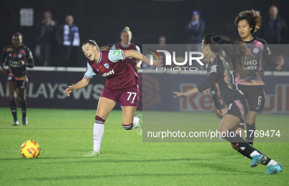 Seraina Piubel of West Ham United WFC and Saori Takarada of Leicester City Women are in action during the Barclays FA Women's Super League s...