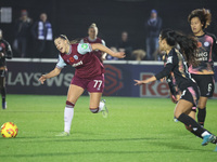 Seraina Piubel of West Ham United WFC and Saori Takarada of Leicester City Women are in action during the Barclays FA Women's Super League s...