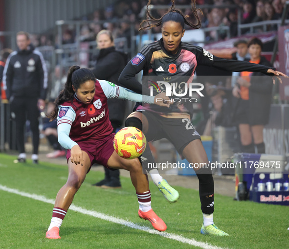 Manuela Pav of West Ham United WFC and Shana Chossenotte of Leicester City Women are in action during the Barclays FA Women's Super League s...