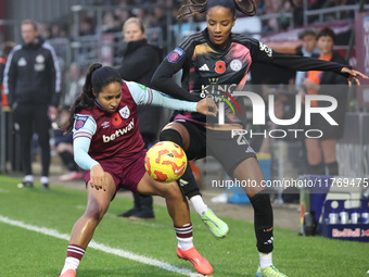 Manuela Pav of West Ham United WFC and Shana Chossenotte of Leicester City Women are in action during the Barclays FA Women's Super League s...