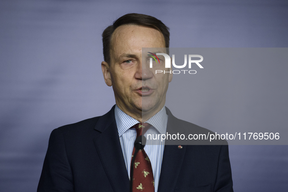 Poland's Minister of Foreign Affairs, Radoslaw Sikorski, speaks as he participates in a press conference in Warsaw, Poland, on November 12,...