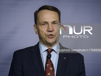 Poland's Minister of Foreign Affairs, Radoslaw Sikorski, speaks as he participates in a press conference in Warsaw, Poland, on November 12,...