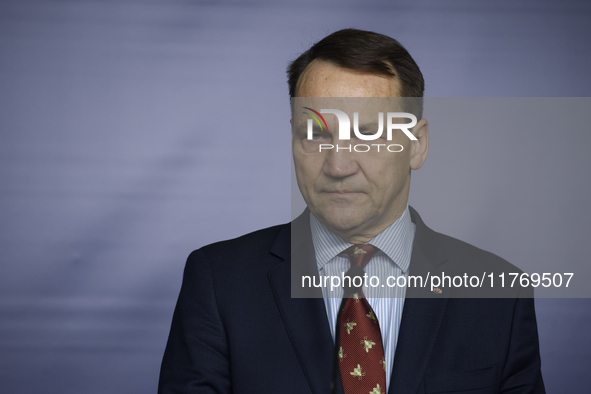 Poland's Minister of Foreign Affairs, Radoslaw Sikorski, participates in a press conference in Warsaw, Poland, on November 12, 2024. The pre...