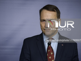 Poland's Minister of Foreign Affairs, Radoslaw Sikorski, participates in a press conference in Warsaw, Poland, on November 12, 2024. The pre...