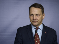 Poland's Minister of Foreign Affairs, Radoslaw Sikorski, participates in a press conference in Warsaw, Poland, on November 12, 2024. The pre...