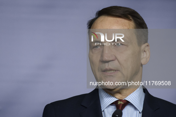 Poland's Minister of Foreign Affairs, Radoslaw Sikorski, speaks as he participates in a press conference in Warsaw, Poland, on November 12,...