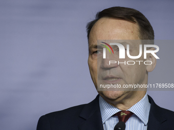 Poland's Minister of Foreign Affairs, Radoslaw Sikorski, speaks as he participates in a press conference in Warsaw, Poland, on November 12,...