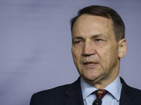 Poland's Minister of Foreign Affairs, Radoslaw Sikorski, speaks as he participates in a press conference in Warsaw, Poland, on November 12,...