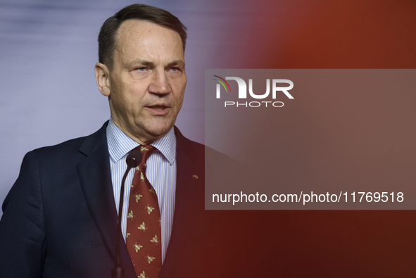 Poland's Minister of Foreign Affairs, Radoslaw Sikorski, speaks as he participates in a press conference in Warsaw, Poland, on November 12,...