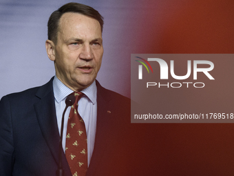 Poland's Minister of Foreign Affairs, Radoslaw Sikorski, speaks as he participates in a press conference in Warsaw, Poland, on November 12,...