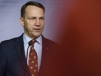 Poland's Minister of Foreign Affairs, Radoslaw Sikorski, speaks as he participates in a press conference in Warsaw, Poland, on November 12,...