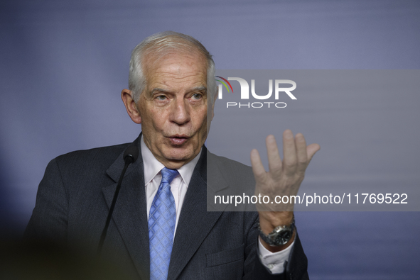 EU's High Representative for Foreign Affairs and Security Policy Josep Borell gestures as he speaks during a press conference in Warsaw, Pol...