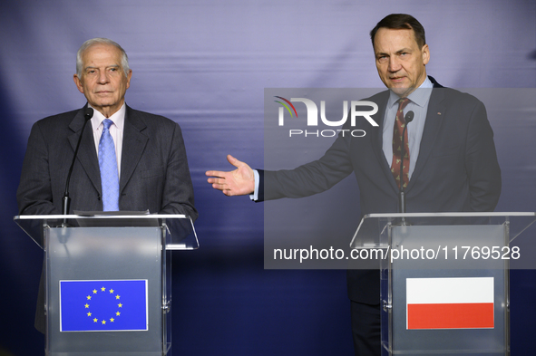 EU's High Representative for Foreign Affairs and Security Policy Josep Borell (left) and Poland's Minister of Foreign Affairs Radoslaw Sikor...