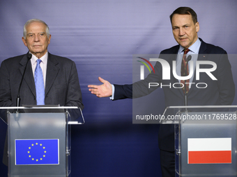 EU's High Representative for Foreign Affairs and Security Policy Josep Borell (left) and Poland's Minister of Foreign Affairs Radoslaw Sikor...