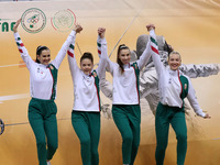 The Hungary Women's Saborie Team reacts after winning first place during the 2024 Fencing World Cup in Oran, Algeria, on November 10, 2024 (