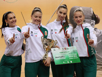 The Hungary Women's Saborie Team reacts after winning first place during the 2024 Fencing World Cup in Oran, Algeria, on November 10, 2024 (