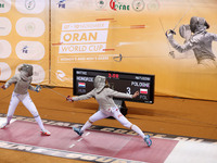 Hungarian Spiesz Anna (left) faces Polish Lenkiewicz Zuzanna (right) during the female saber team final at the 2024 Fencing World Cup in Ora...