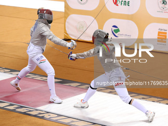 Hungarian Spiesz Anna (left) faces Polish Lenkiewicz Zuzanna (right) during the female saber team final at the 2024 Fencing World Cup in Ora...