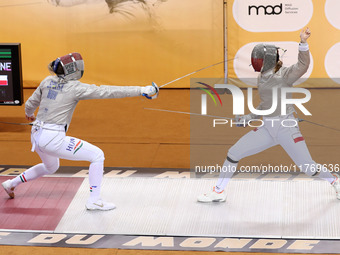 Hungarian Spiesz Anna (left) faces Polish Lenkiewicz Zuzanna (right) during the female saber team final at the 2024 Fencing World Cup in Ora...