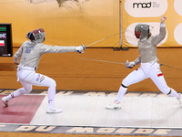 Hungarian Spiesz Anna (left) faces Polish Lenkiewicz Zuzanna (right) during the female saber team final at the 2024 Fencing World Cup in Ora...