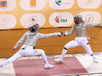 Hungarian Spiesz Anna (left) faces Polish Lenkiewicz Zuzanna (right) during the female saber team final at the 2024 Fencing World Cup in Ora...