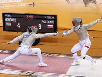 Hungarian Spiesz Anna (left) faces Polish Lenkiewicz Zuzanna (right) during the female saber team final at the 2024 Fencing World Cup in Ora...