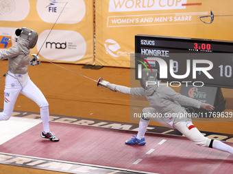 Hungarian Spiesz Anna (left) faces Polish Lenkiewicz Zuzanna (right) during the female saber team final at the 2024 Fencing World Cup in Ora...