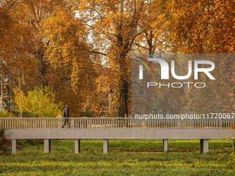 A man walks over a wooden bridge during an autumn day in Srinagar, Jammu and Kashmir, on November 12, 2024. Autumn, locally known as Harud,...