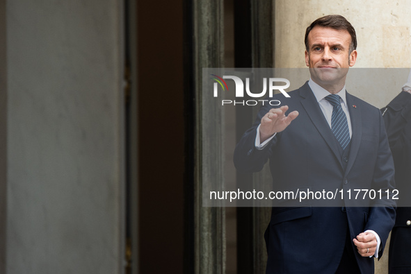 French President Emmanuel Macron receives NATO Secretary General Mark Rutte at the Elysee Palace in Paris, France, on November 12, 2024. 