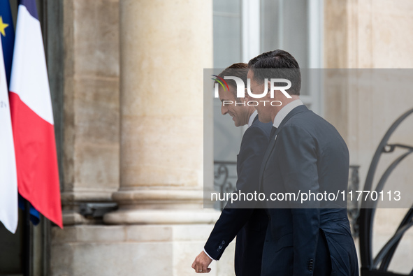 French President Emmanuel Macron receives NATO Secretary General Mark Rutte at the Elysee Palace in Paris, France, on November 12, 2024. 