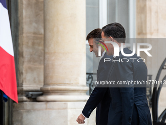 French President Emmanuel Macron receives NATO Secretary General Mark Rutte at the Elysee Palace in Paris, France, on November 12, 2024. (